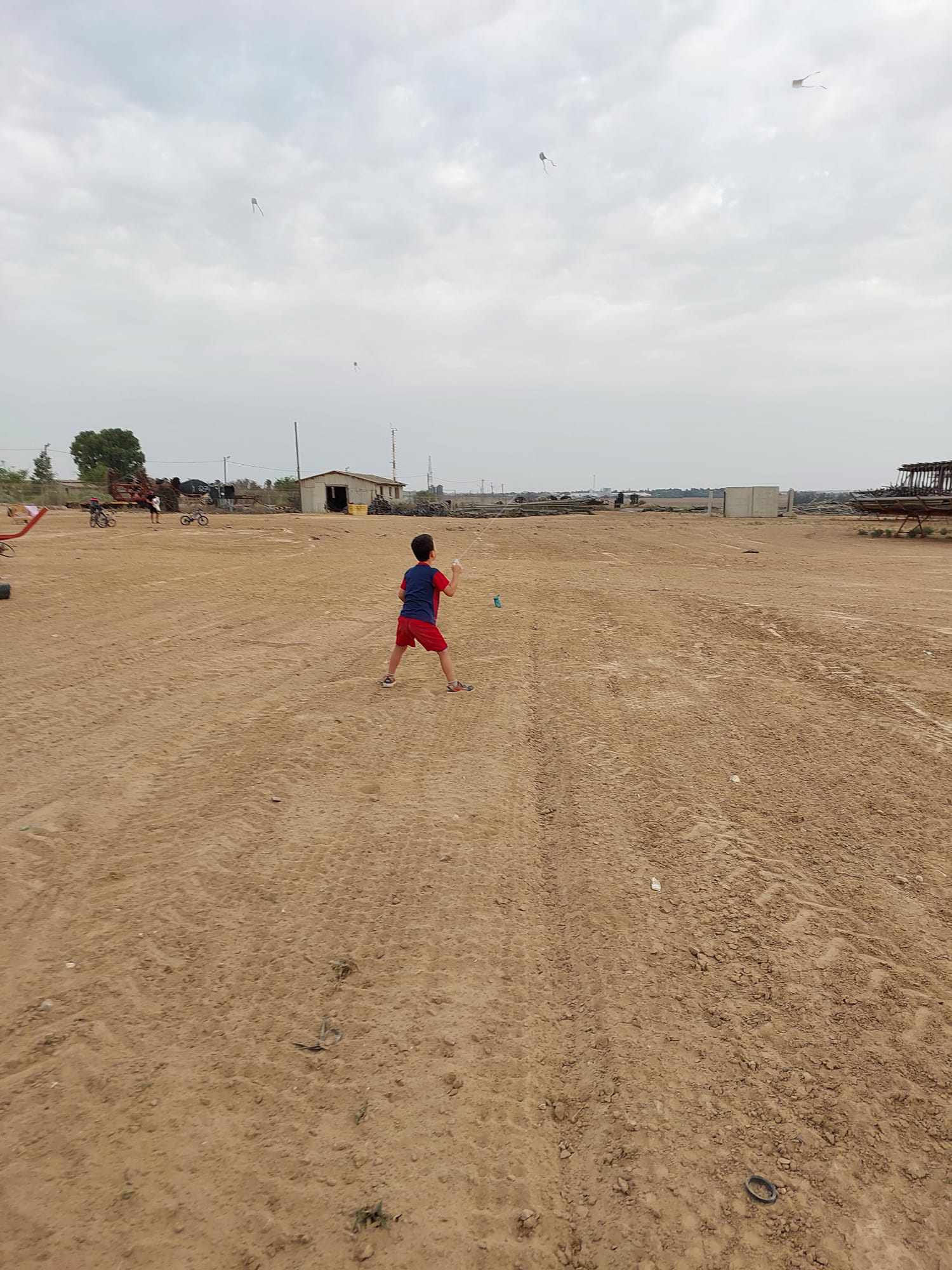 A little boy is flying a kite