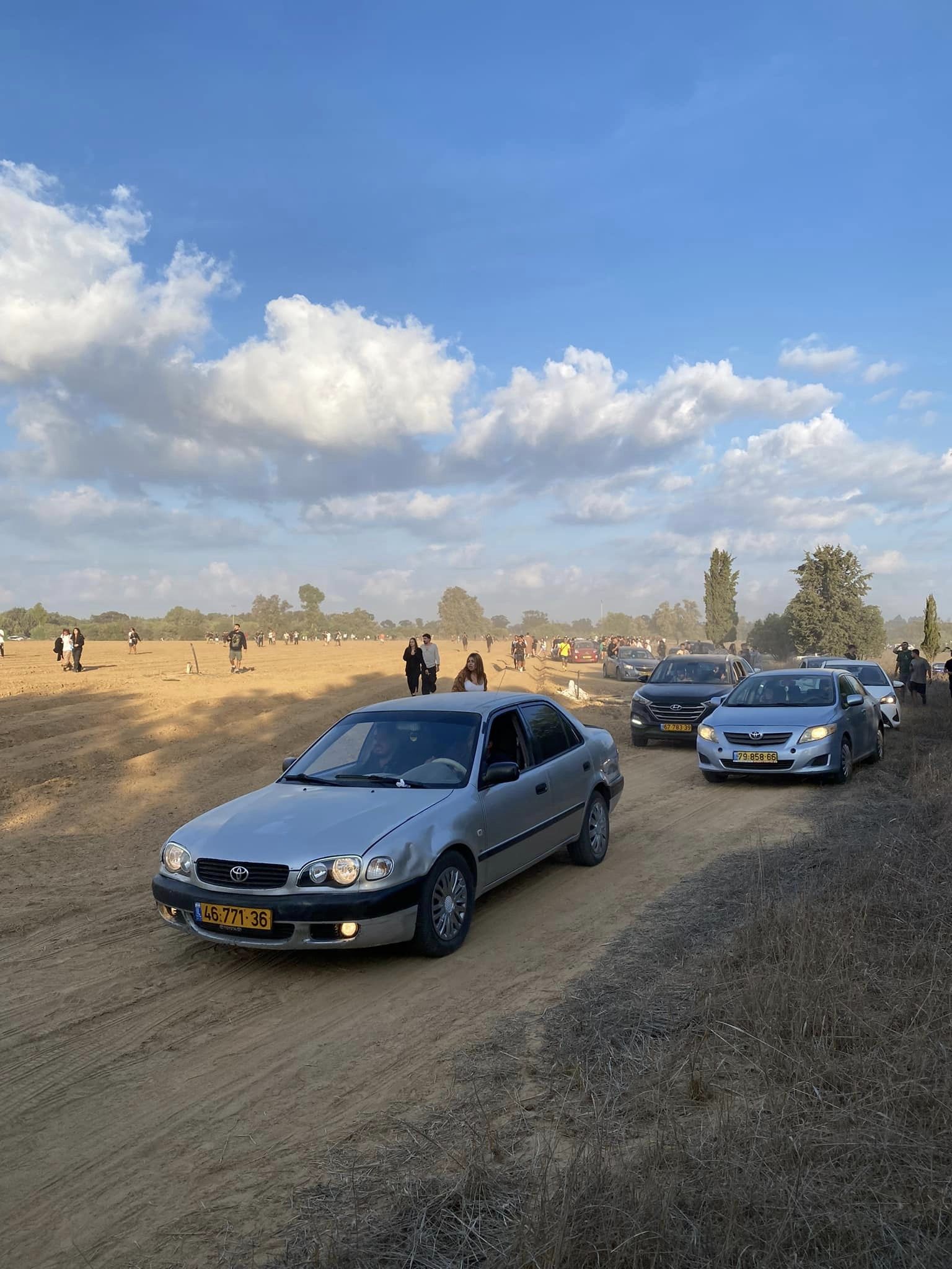 People are driving cars near the field