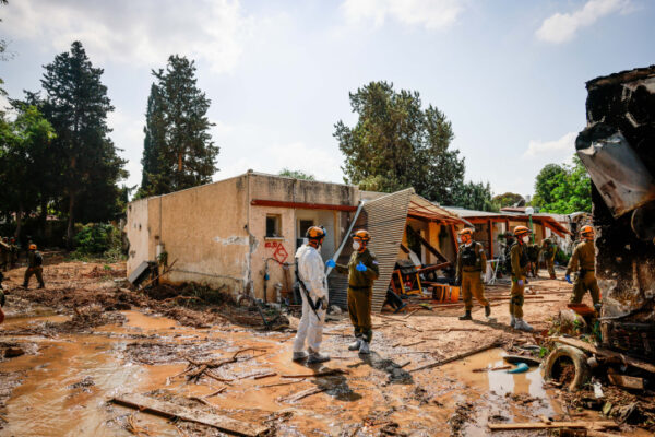 Burned and destroyed houses in Kibbutz Kfar Aaza