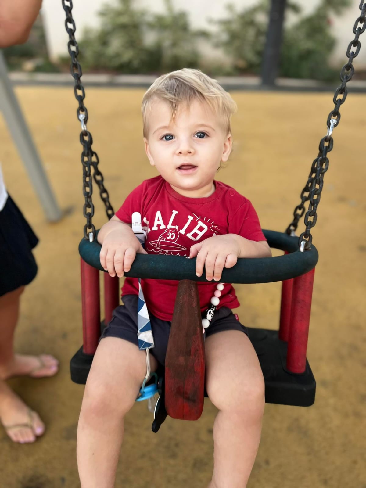 Anna's little son is sitting on a swing